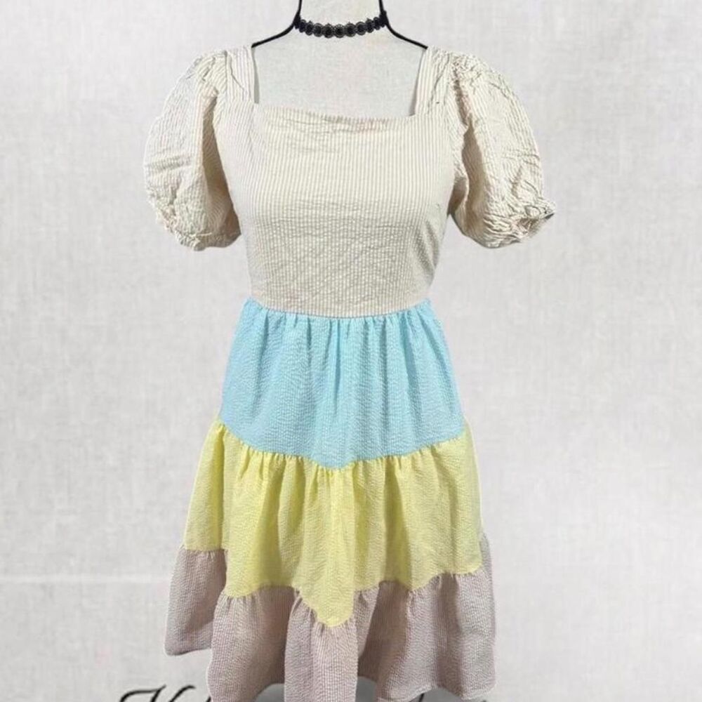 Fairycore Pastel Tie Back Puff Sleeve Multicolor Midi Dress